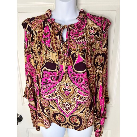 NWT a loves a  Medium Pink Paisley Tie-Neck Blouse Ruffle French Preppy Boho - Picture 9 of 11